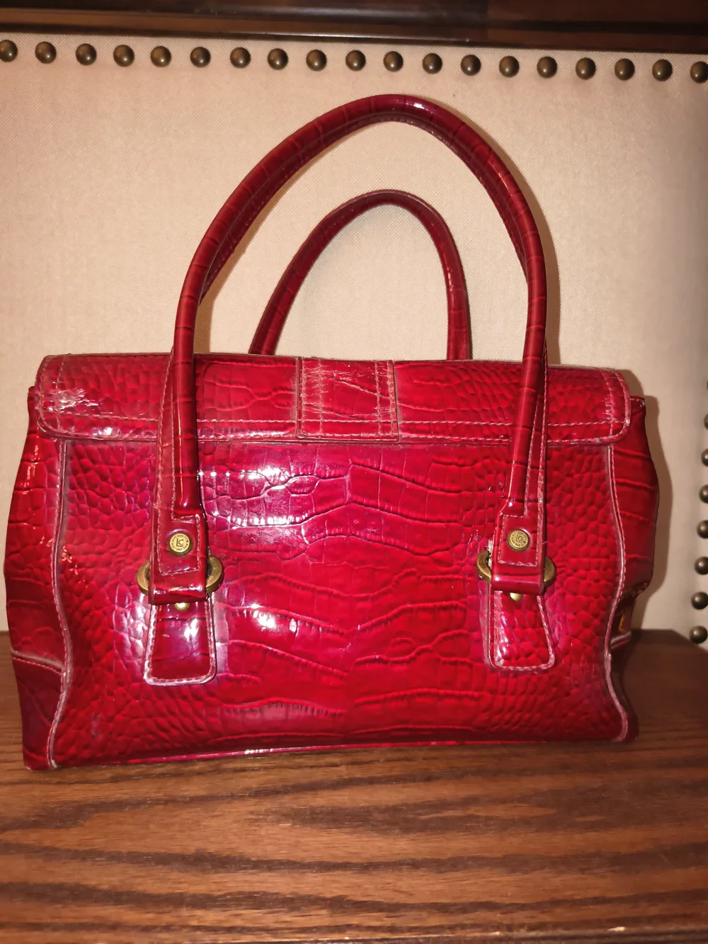 Liz Claiborne Maroon Croc-Embossed Patent Leather Satchel